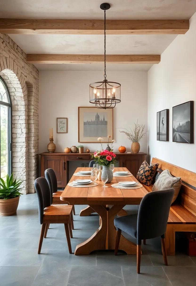 Rustic Bench Seating: Swap traditional dining chairs for a sturdy wooden bench, encouraging ⁣communal dining and conversation