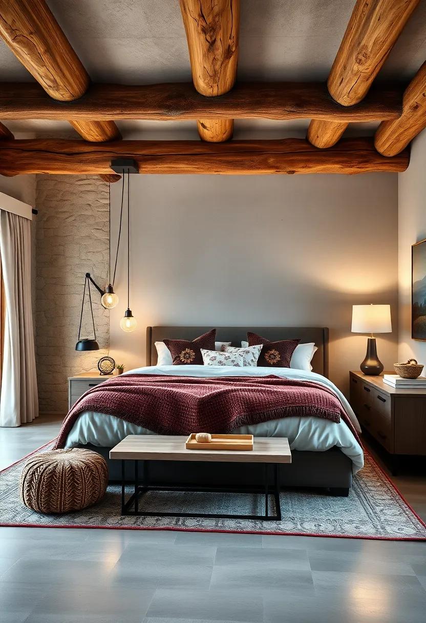 Cabin Vibes: A log cabin aesthetic with robust wooden beams enhances the​ rustic charm ‍in a mountain-inspired bedroom setting