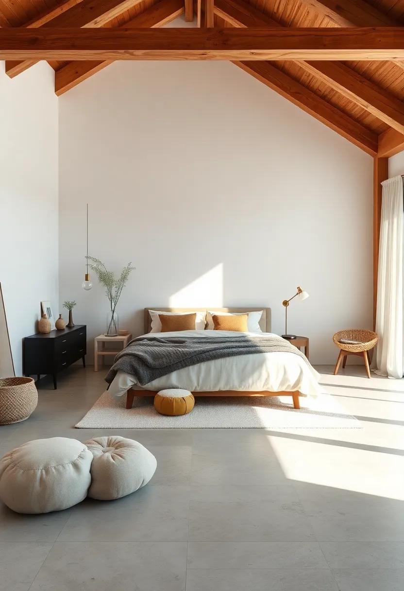 Embrace ‌Minimalism:​ A serene bedroom featuring simple furniture ‌and exposed wooden beams that⁤ enhance the⁢ natural light and⁢ airy feel