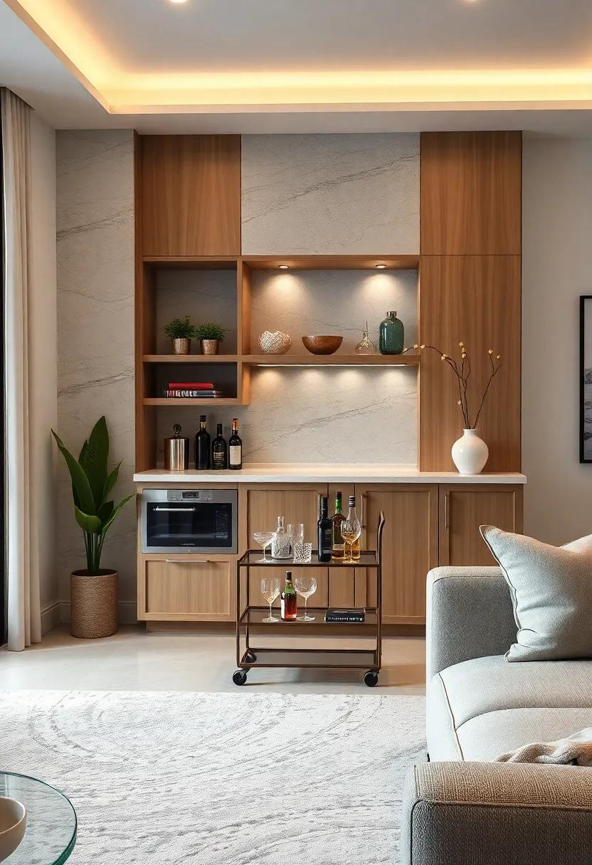 Mini Bar Cart: Create a mobile bar⁣ cart that ​fits within​ your cabinetry, offering flexibility to entertain guests anywhere in the living room