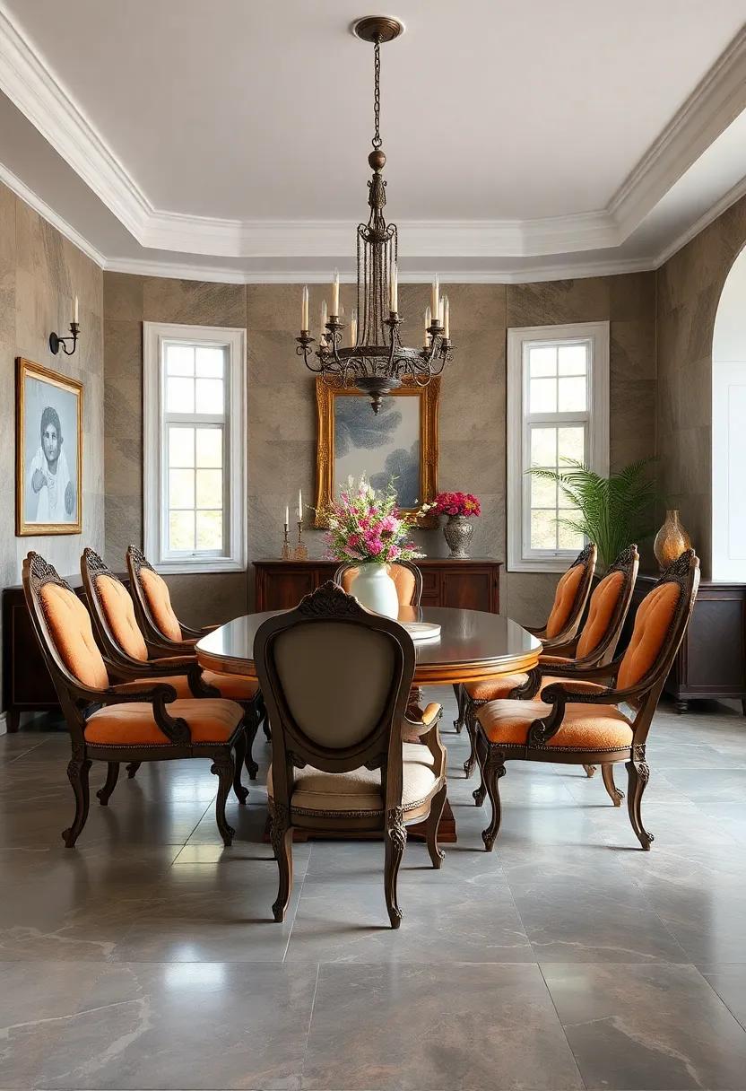Baroque Revival Chairs: opulent fabrics and intricate carvings bring a sense of drama and luxury, perfect for making a bold statement in your dining space