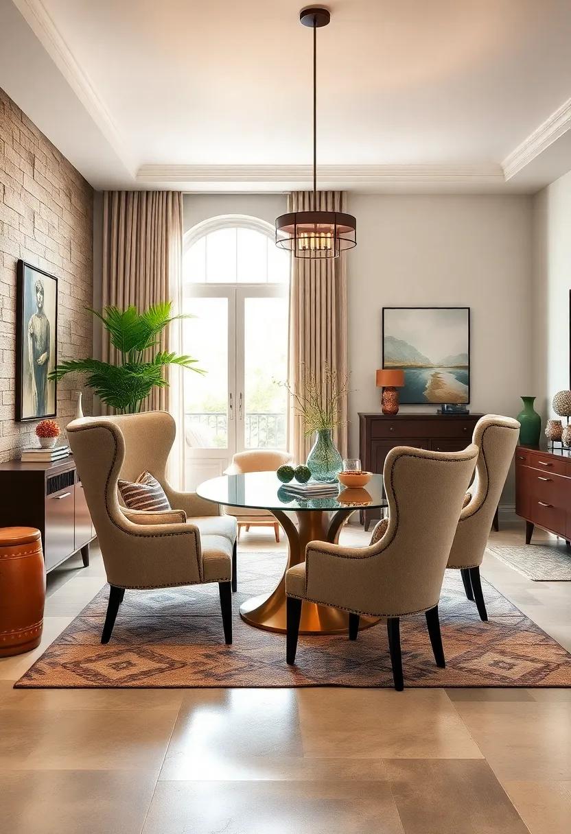 Classic Wingback Chairs: Timeless elegance meets comfort with high backs and tapered legs, perfect for adding a touch of sophistication to any dining space