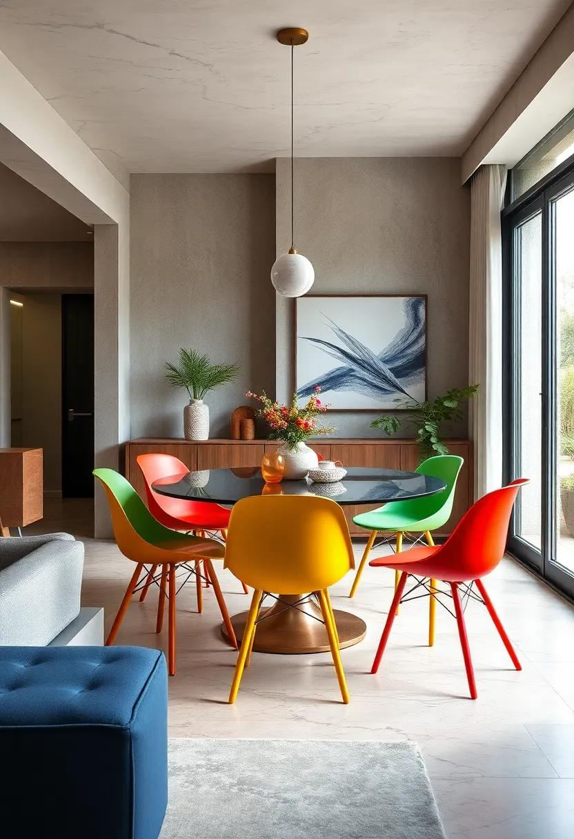 Colorful Plastic Chairs: Bold hues and playful shapes can liven up your dining area, emphasizing personality and fun in your space