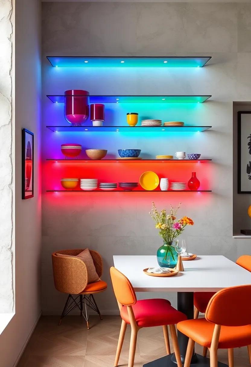 Colorful Glass Shelves: Brighten your dining area with vibrant glass shelves that ⁤reflect light ⁢and create⁣ a playful atmosphere, fabulously showcasing colorful dishware