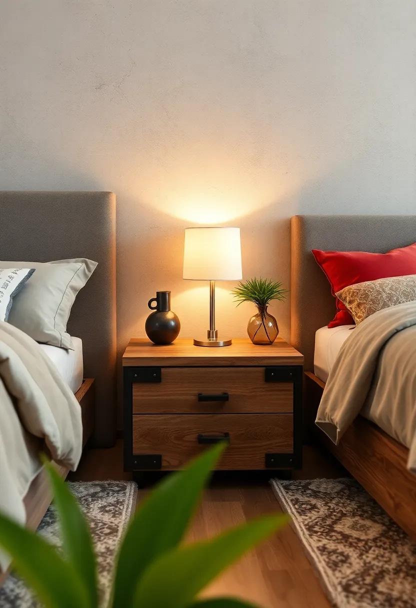 Distressed Wooden Nightstand - Add a touch of rustic charm with a nightstand featuring a weathered wood finish and steel accents, ideal for holding your nighttime essentials