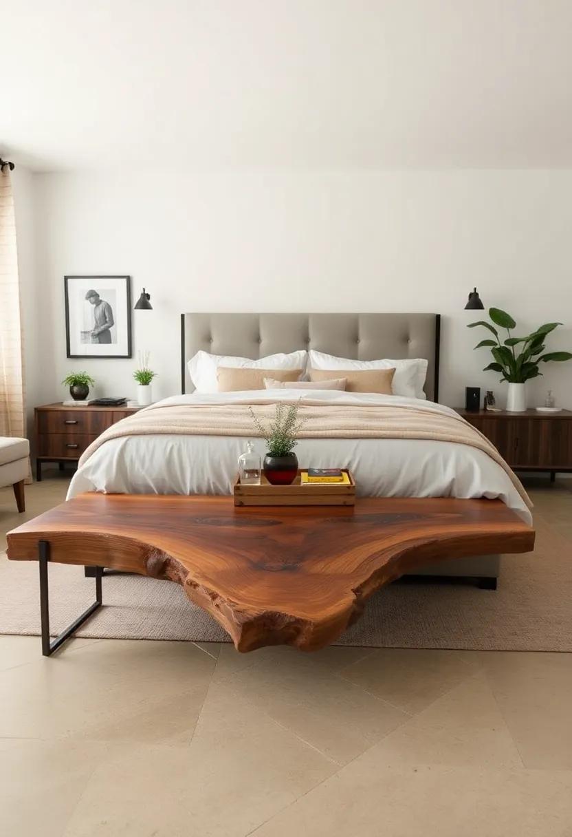 Raw Edge Wood Bench - Introduce a raw edge wood bench at the foot of your bed,offering both seating and storage in a stunning,organic design