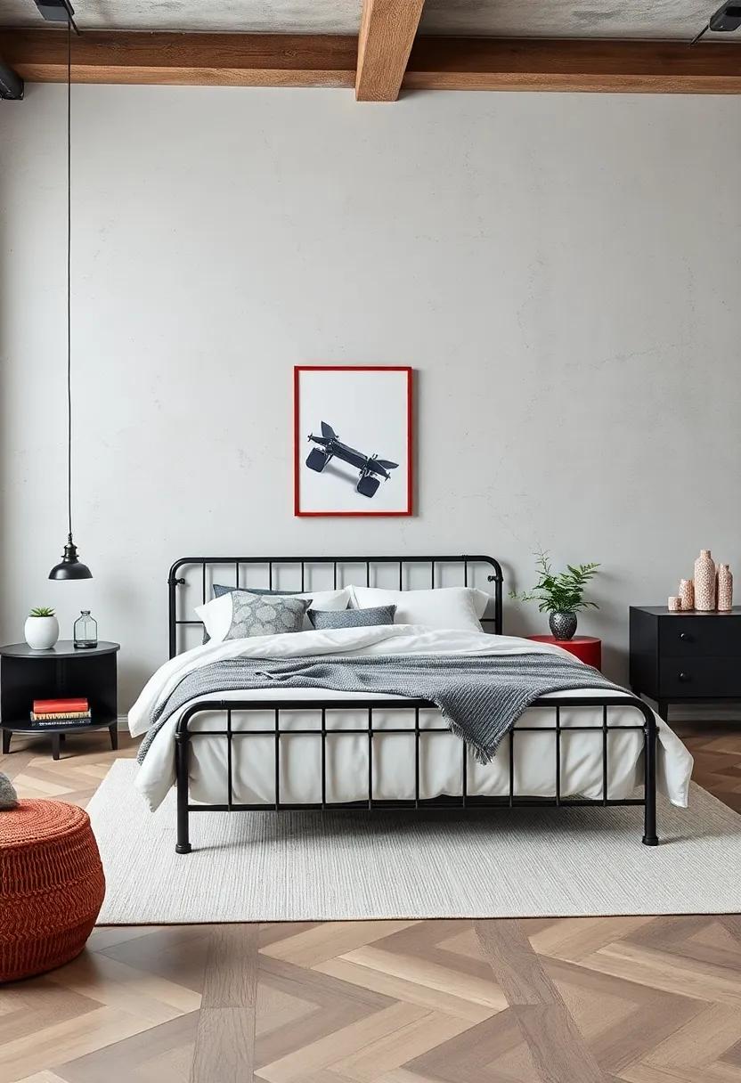 Sleek Metal Bedframe - Select a sleek metal bedframe with clean lines for a modern twist on the classic industrial style, perfect for a minimalist aesthetic
