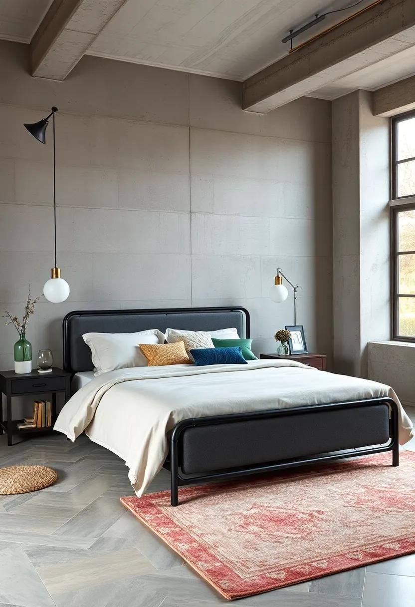 Upholstered metal Bed - Opt for an upholstered bed with a metal frame for a seamless blend of comfort and industrial chic