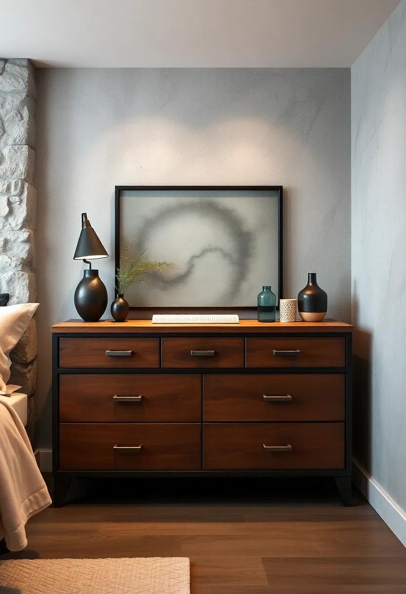 Vintage-Inspired Dresser - Choose a vintage dresser with industrial appeal, showcasing a raw wood top and metal body, creating a sophisticated yet rugged look