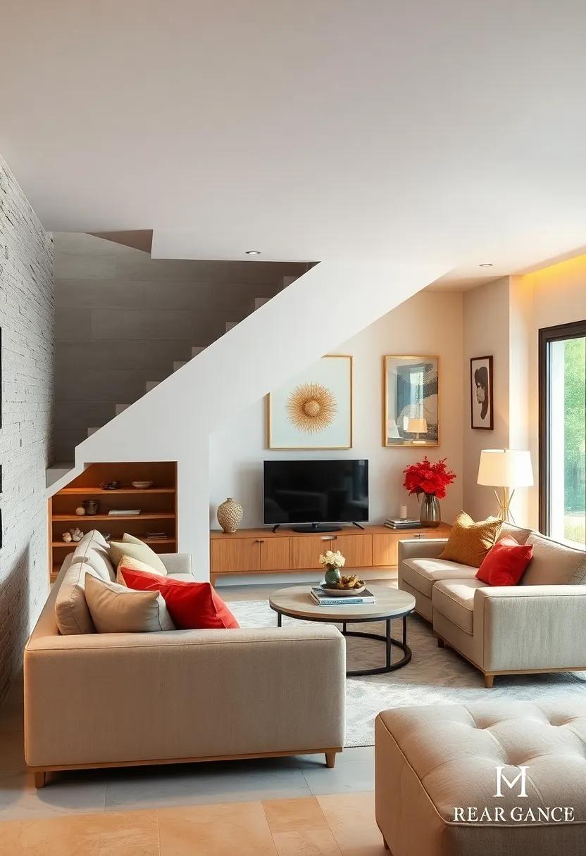 Use mirrors to give the illusion of a larger space while adding a chic touch to the under-stairs ⁣living room