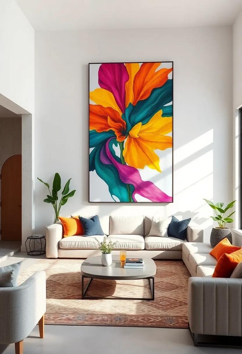 Incorporate Bold Art Pieces: Hang oversized colorful artwork on your white accent wall to create a stunning focal point that brings life to the space