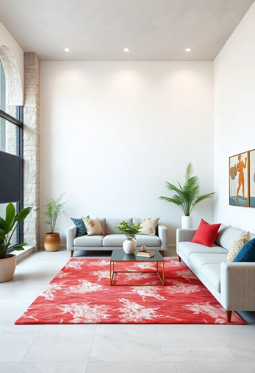 Add color with Area Rugs: Lay down a vibrant area rug that complements the decor to ground the space while contrasting nicely with the white wall