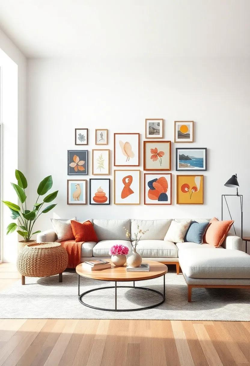 Create a Gallery Wall: Mix and match different frame styles and artwork to curate a vibrant gallery wall that shines against the neutral backdrop