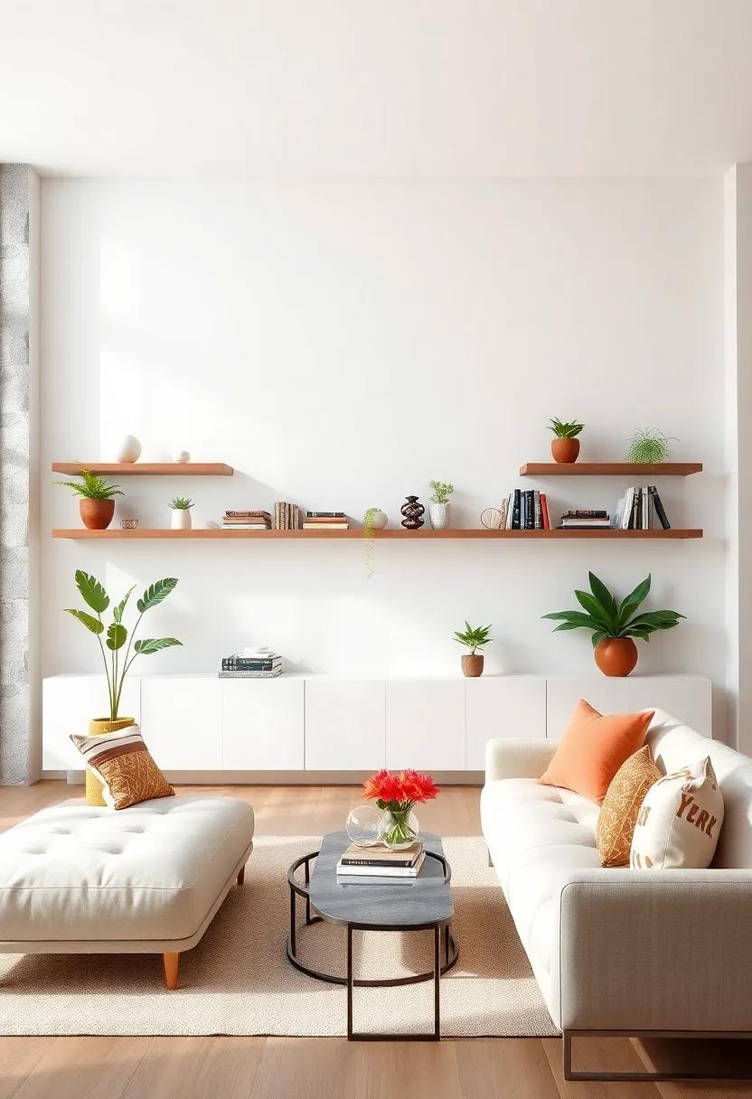 Layer with Shelving: Install floating shelves filled with books, plants, and decorative objects to give your white wall a touch of personality