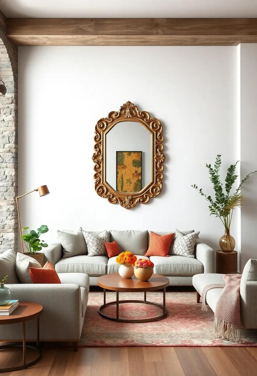 Add a Statement Mirror: Choose an ornate or uniquely shaped mirror to reflect light and make your living area feel more spacious and inviting