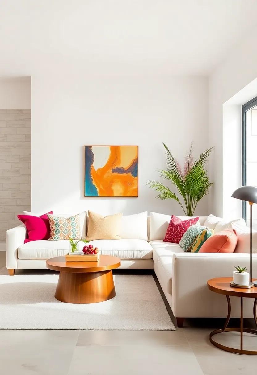 Use Colorful Cushions: Attach vibrant or patterned cushions to your couch that complement the white wall, creating an inviting and cheerful atmosphere