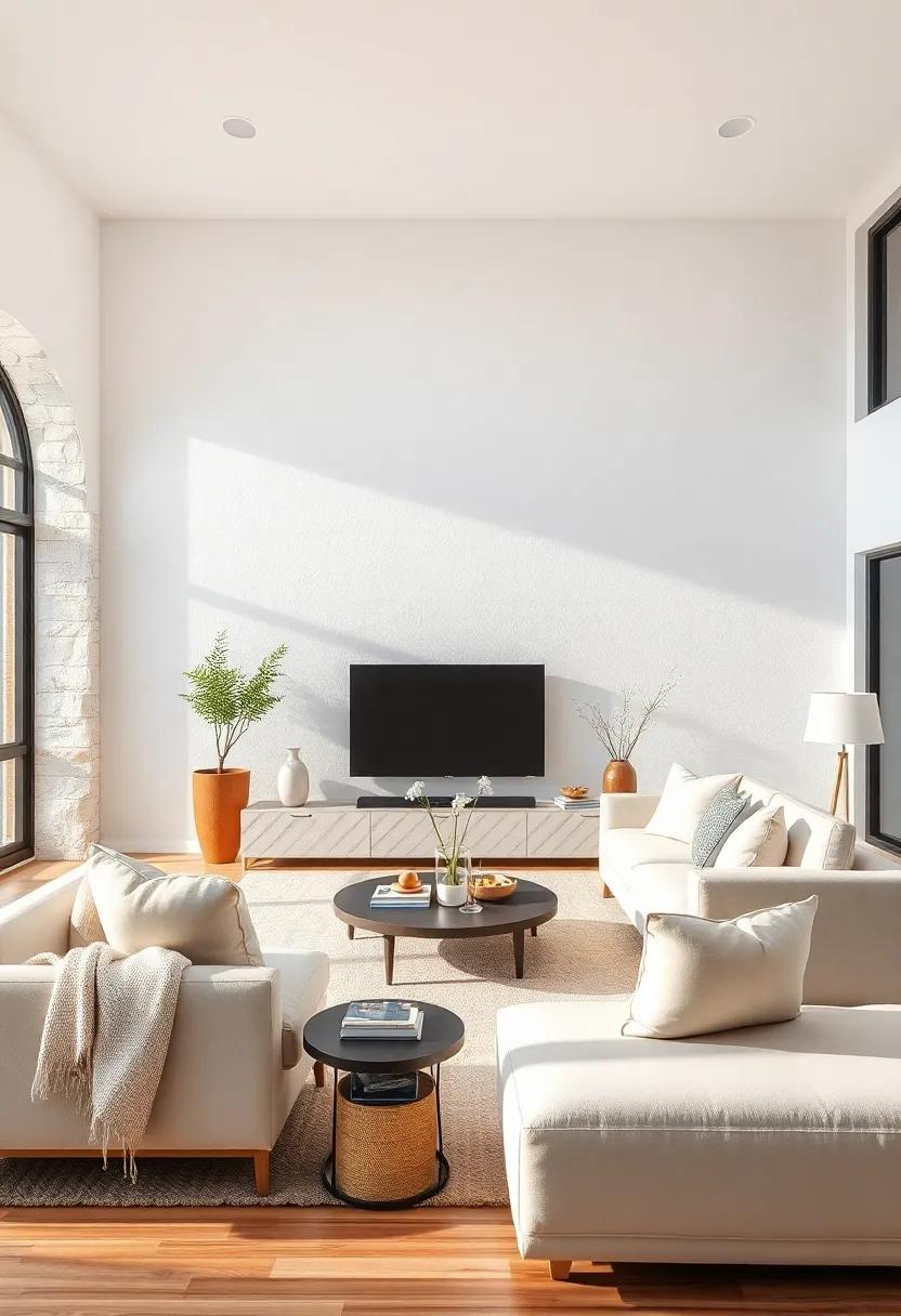 Use a Monochromatic Palette: Style your living room with varying shades of white, cream, and beige to create a serene, layered look that feels cozy and inviting