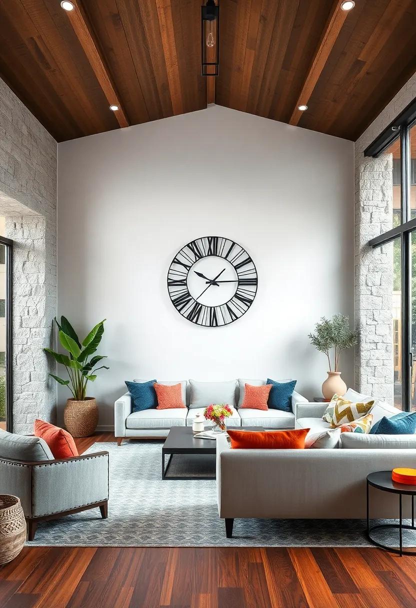 Install a Decorative Wall Clock: choose a large, artistic wall clock as a functional piece that also serves as a statement accessory