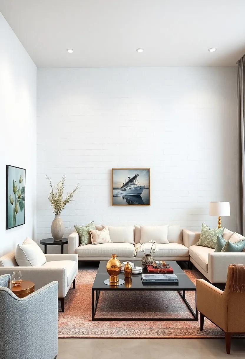 Incorporate Metallic Accents: Use gold or silver decor items such as vases or picture frames to add a touch of glamour against the simplicity of the wall