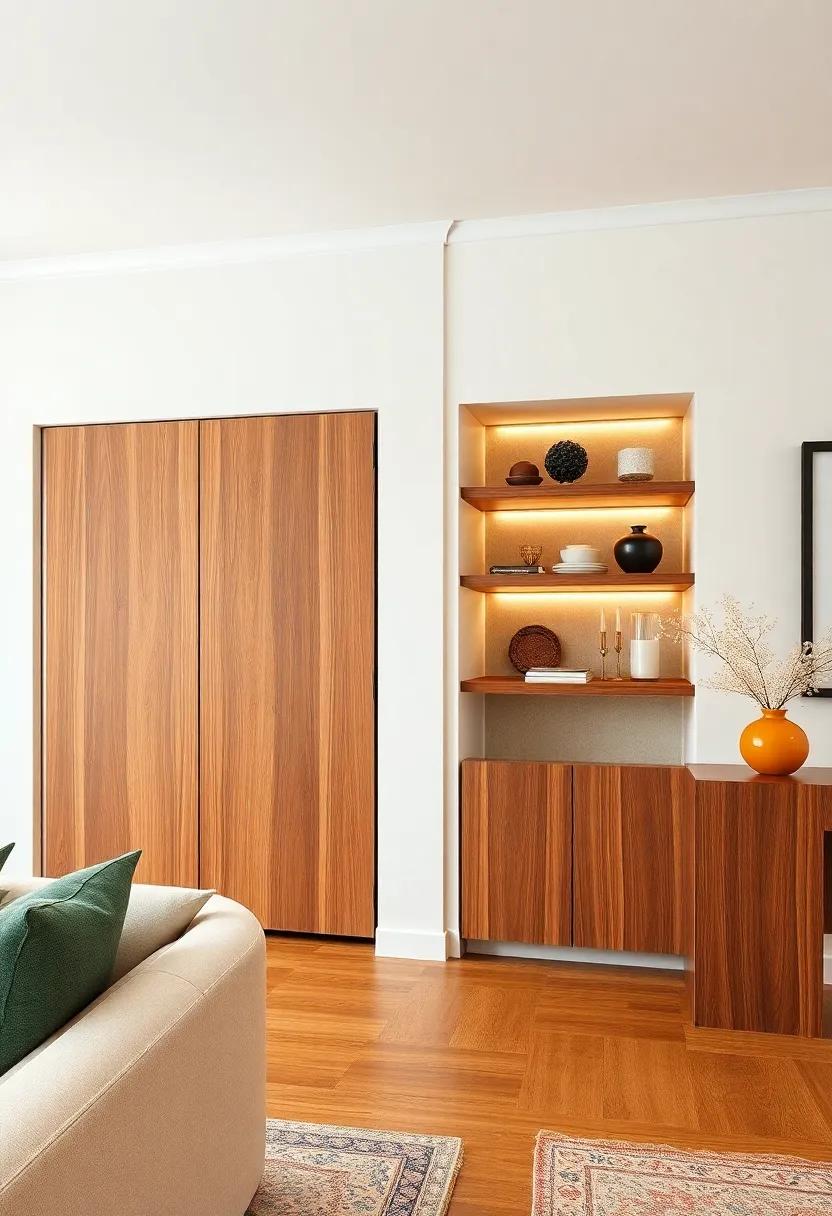 Custom Built-Ins:​ Beautifully crafted⁣ wood doors that seamlessly integrate with floating shelves, providing extra storage without sacrificing style