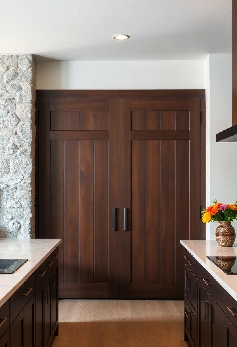 Monterey Mission: Wide, ⁤flat-panel wood ​doors with a ⁣rich, dark finish inspired by the Mission style, emphasizing craftsmanship and design