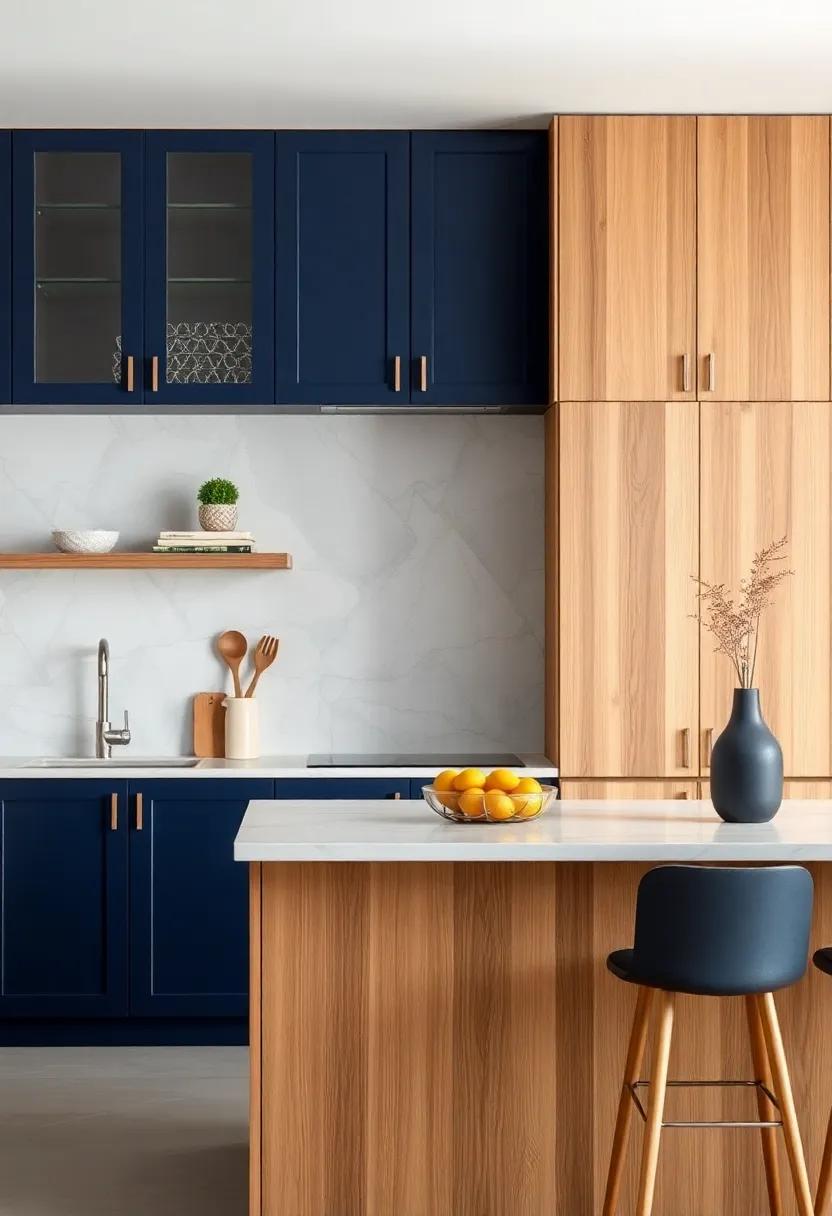 Two-Tone Beauty: Cabinets with a​ striking contrast of ‍deep navy​ blue and natural‌ wood, creating​ a bold and‌ contemporary‍ aesthetic