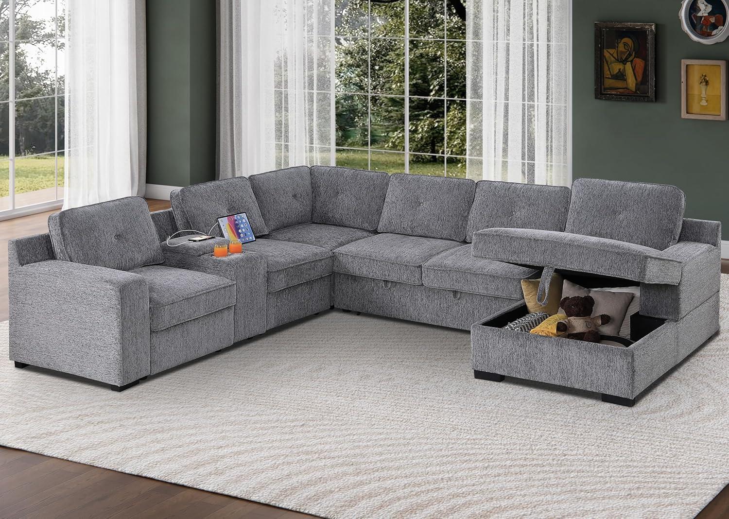 Spacious U-Shape Sectional Sofa with Pull-Out bed & Storage