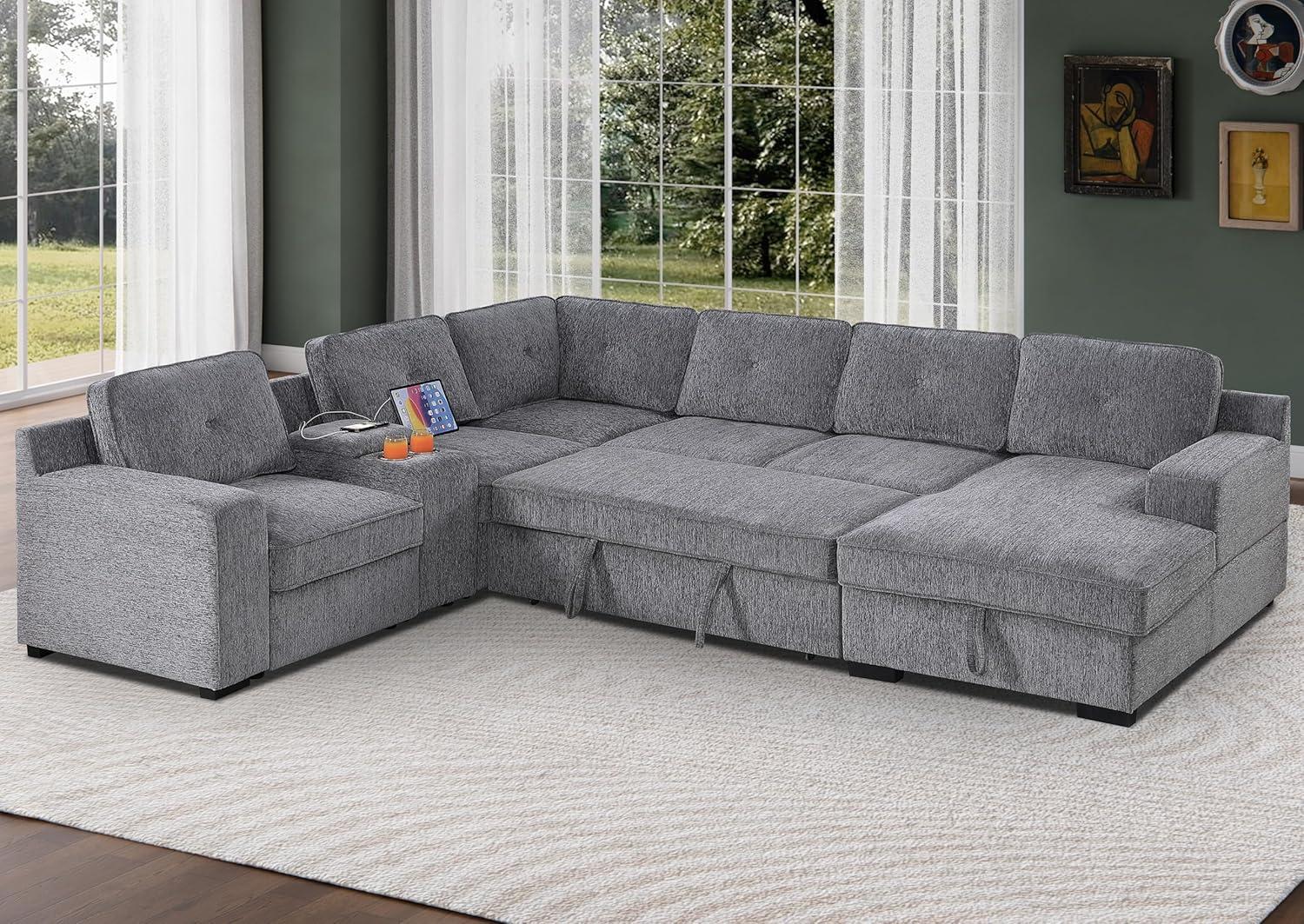 Spacious U-Shape Sectional Sofa with Pull-Out Bed & Storage