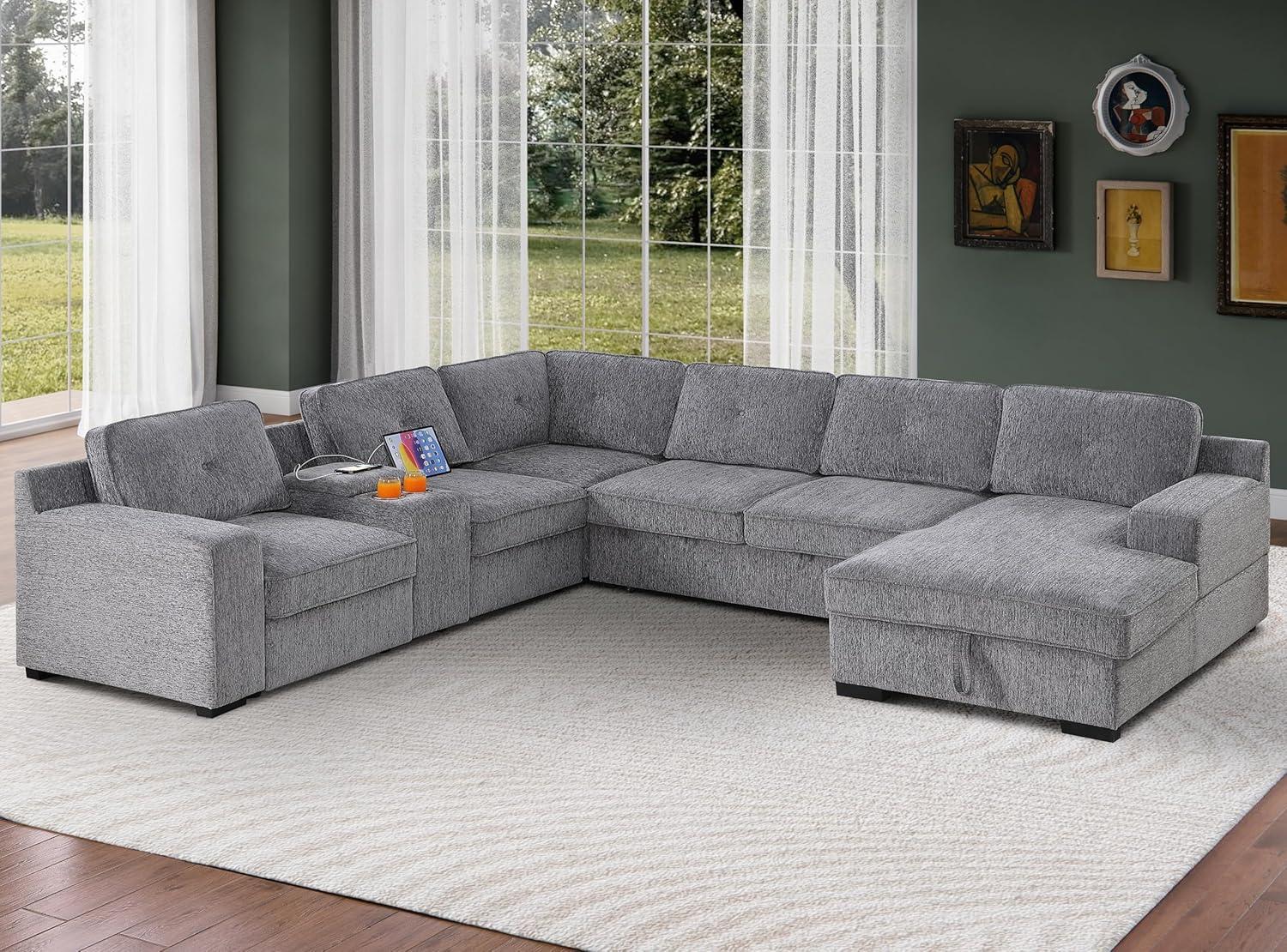 Spacious U-Shape Sectional Sofa with Pull-Out Bed & Storage